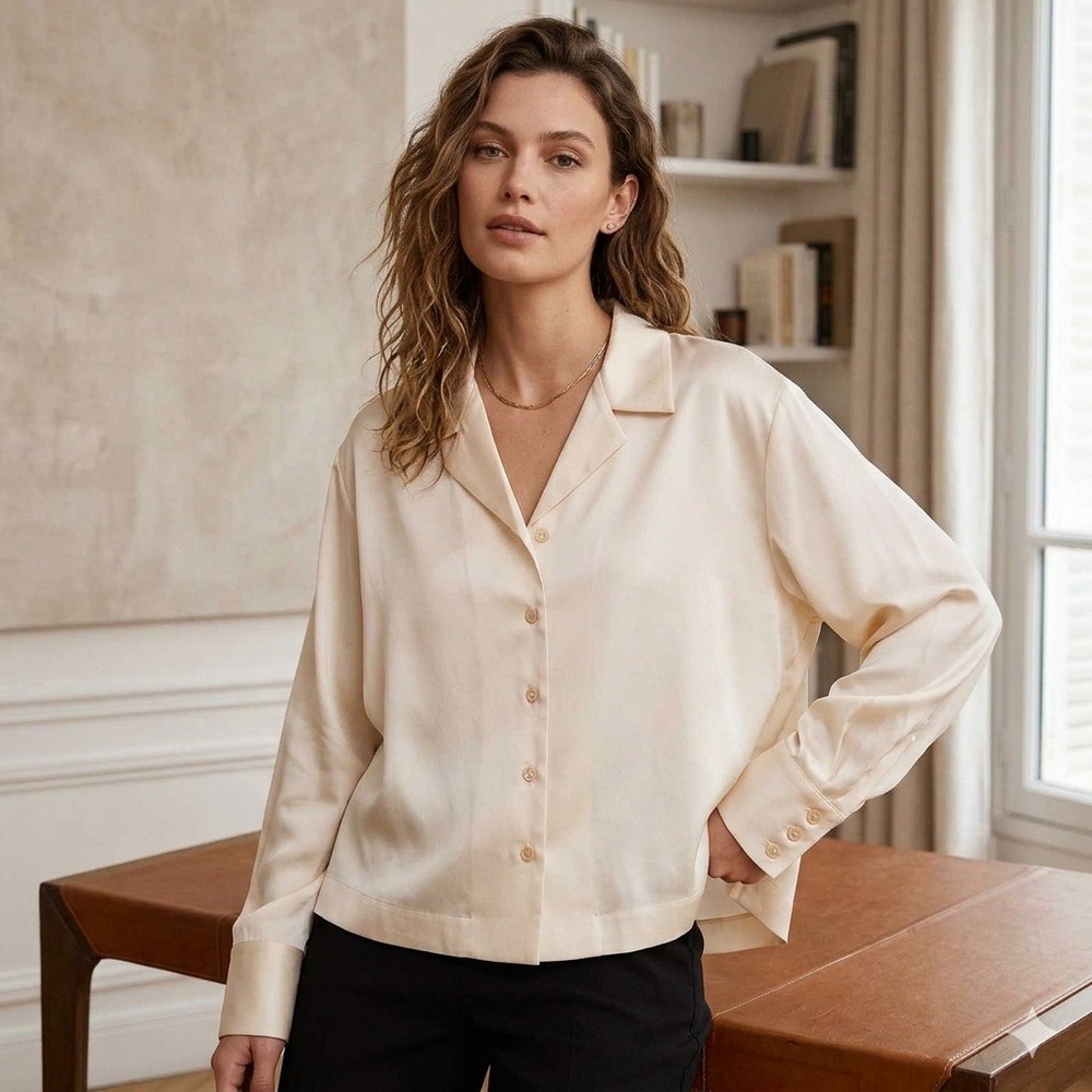 Frances Valentine Cream 100% Silk Satin Pajama Blouse Notched‎ Lapel Top XL